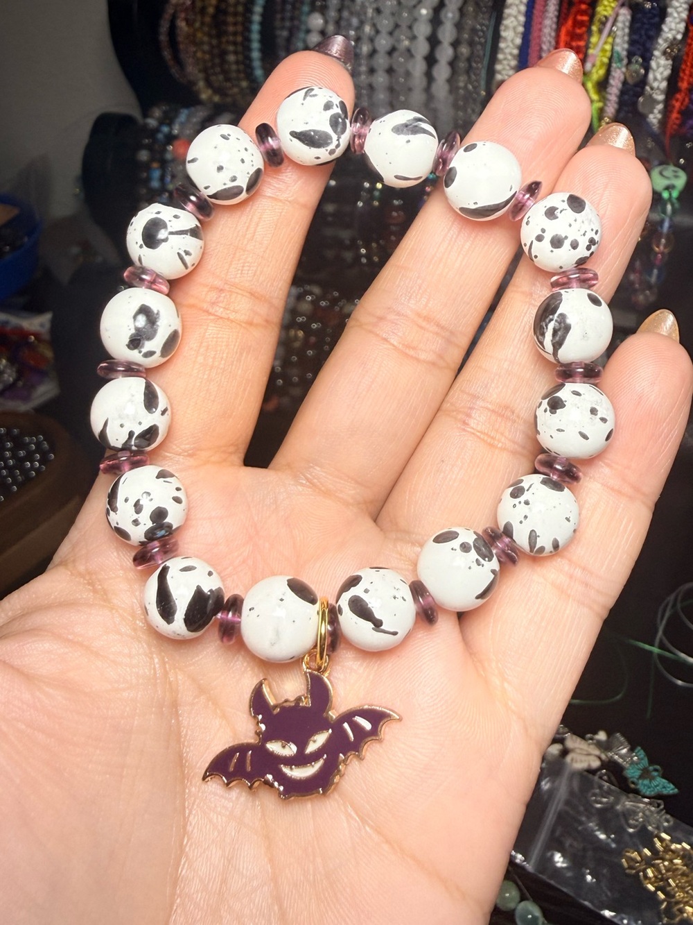 Halloween Ceramic Bead Bat Charm Bracelet